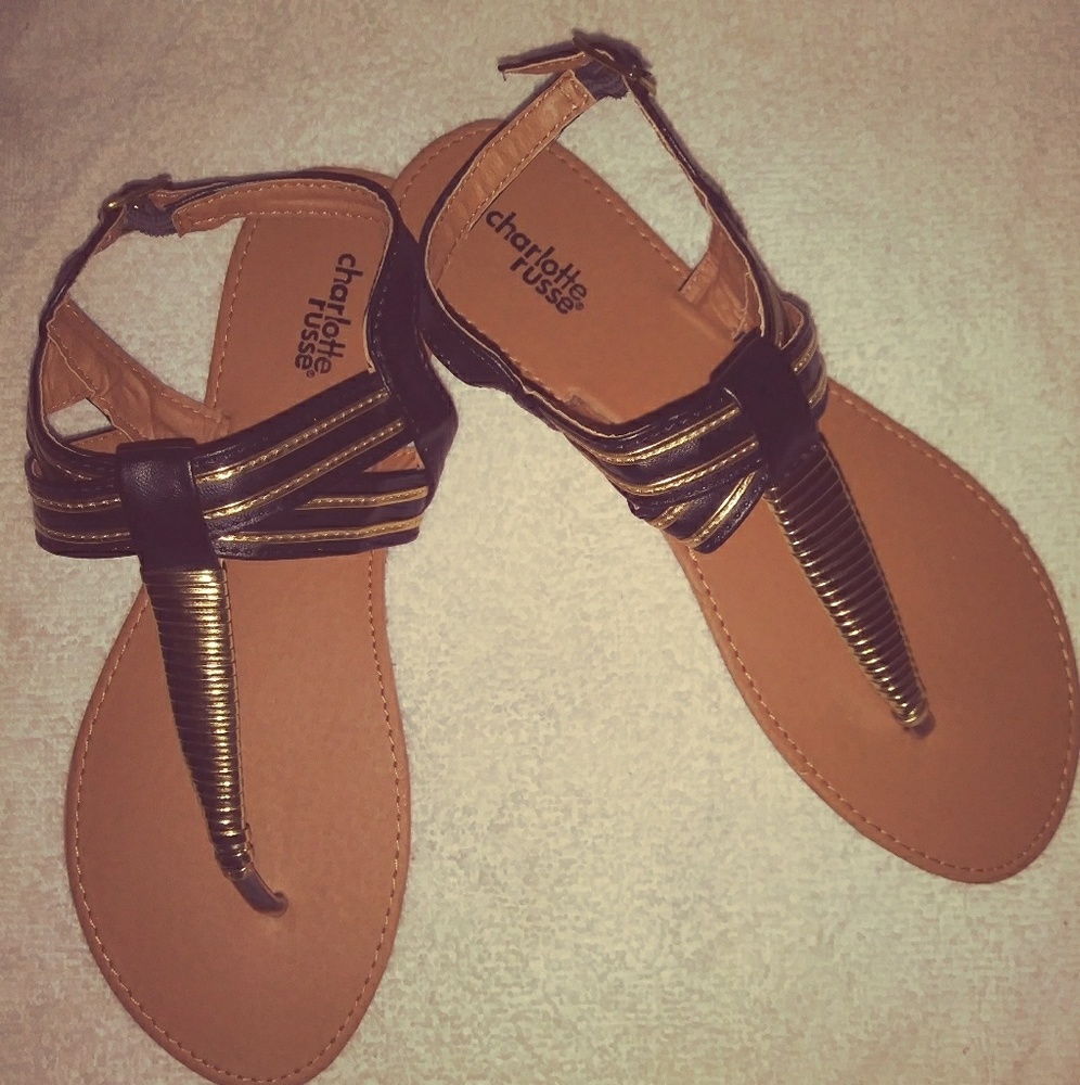 Black & Gold T-Strap Sandals, Size 8